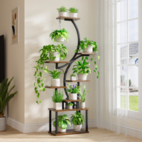 Support à plantes incurvé à 10 niveaux, tubes de 0,85 mm d'épaisseur, support à fleurs haut en bois et métal résistant à l'eau pour salon et balcon