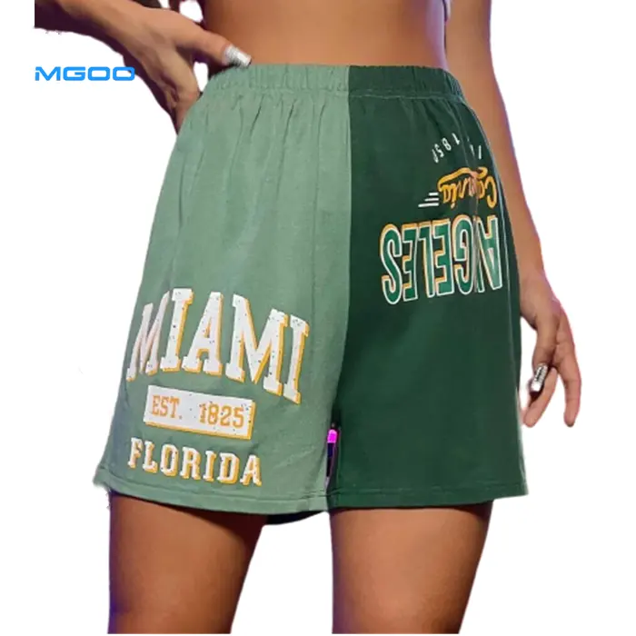 Shorts de cintura elástica com logotipo personalizado, shorts femininos com letras impressas em miami com dois tons