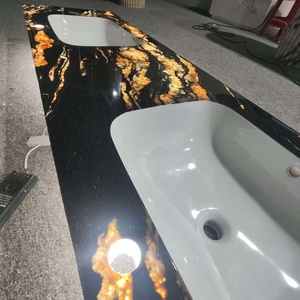 Lavabo de <span class=keywords><strong>Baño</strong></span> Moderno de Mármol Negro Natural con Flores Doradas, Diseño Cuadrado de Doble Ranura, Montaje en Pared, para Uso en Hoteles, con 5 Años de Garantía - Product Image 3