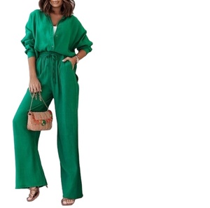 Nouvel ensemble décontracté pour femme : chemise ample à manches longues et pantalon large, motif uni et décoration vintage - Product Image 6