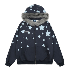 American Style Retro Star Printed Hooded <b>Fur</b> Collar Sweatshirt Jacket Men's and Women's Autumn Loose Casual <b>Top</b> - Product Image 1