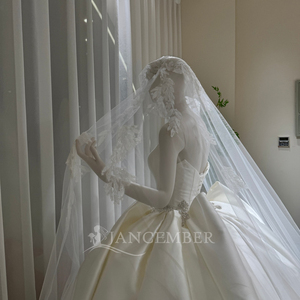 ชุดแต่งงานผ้าซาตินสีงาช้าง ดีไซน์ทันสมัย หรูหรา แบบไร้สายรัดไหล่ ประดับคริสตัล พร้อมเข็มขัด กระโปรงทรงบอลกาวน์ ชายกระโปรงยาวแบบชาเปล ผ้าคลุมลูกไม้ เหมาะสำหรับพิธีแต่งงานในโบสถ์ - Product Image 3