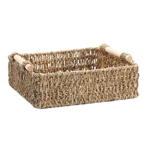 Cubo de almacenamiento de hierba cuadrado respetuoso con el medio ambiente, personalizado, cesta tejida de paja, cesta de frutas de ratán de plástico con mango de madera
