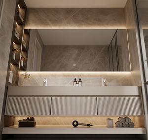 Nordic style double layer slate bathroom vanity double sink smart <b>mirror</b> cabinet with open shelf - Product Image 3