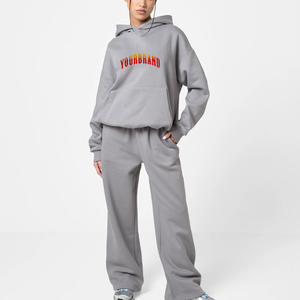 Ensemble 2 pièces en coton délavé à l'acide, pantalon évasé ample et sweat-shirt boutonné, avec logo personnalisé, survêtements pour femmes - Article très demandé - Product Image 5