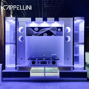 Meuble De Salon Tv kustom desain Modern dudukan Tv kayu Mdf mewah furnitur ruang keluarga lampu Led Unit dinding kabinet Tv