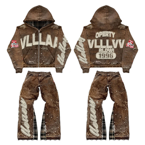 Fabricante OEM, Ropa Urbana Personalizada, Sudadera con Capucha Extra Grande con Pedrería, Pantalones Vintage Desgastados Transpirables para Invierno, para Hombre - Product Image 3