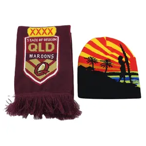 Sciarpa con cappello a ventaglio della squadra di calcio Jacquard con ricamo personalizzato Australia AFL NRL Cup Club sciarpe da calcio sportive lavorate a maglia