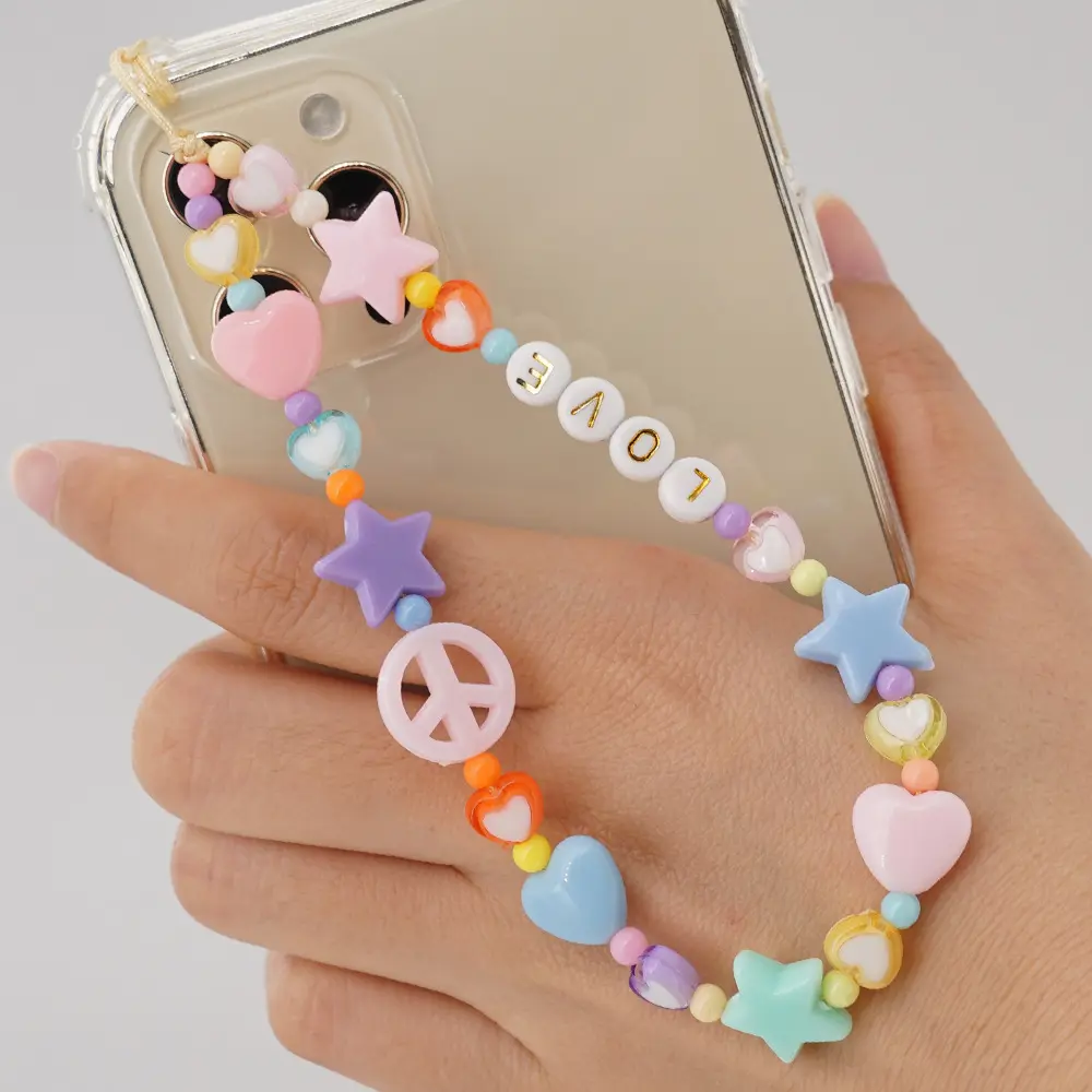Acrylic Crystal Heart Mobile Phone Case Wristlet Straps Charms String Cell Phone Wrist Bead Charms Cute Beaded Phone Charm Strap