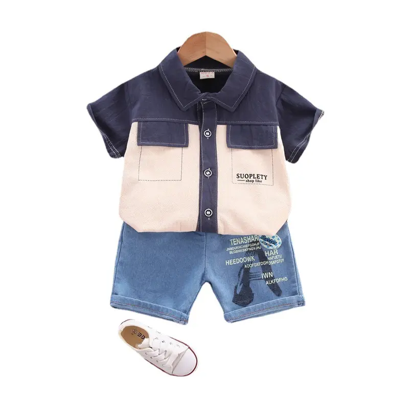 Guapo bebé niño algodón orgánico niños impreso recortado rayas Polo camisetas conjunto ropa de verano con pantalones