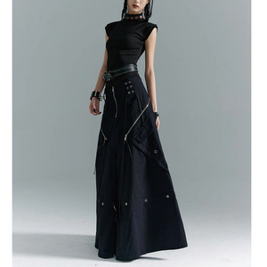 Customized High Quality Women <strong>Black</strong> Floor Length Zipper Details Multiple <strong>Pockets</strong> Cotton Women Cargo Maxi <strong>Skirt</strong> - Product Image 2