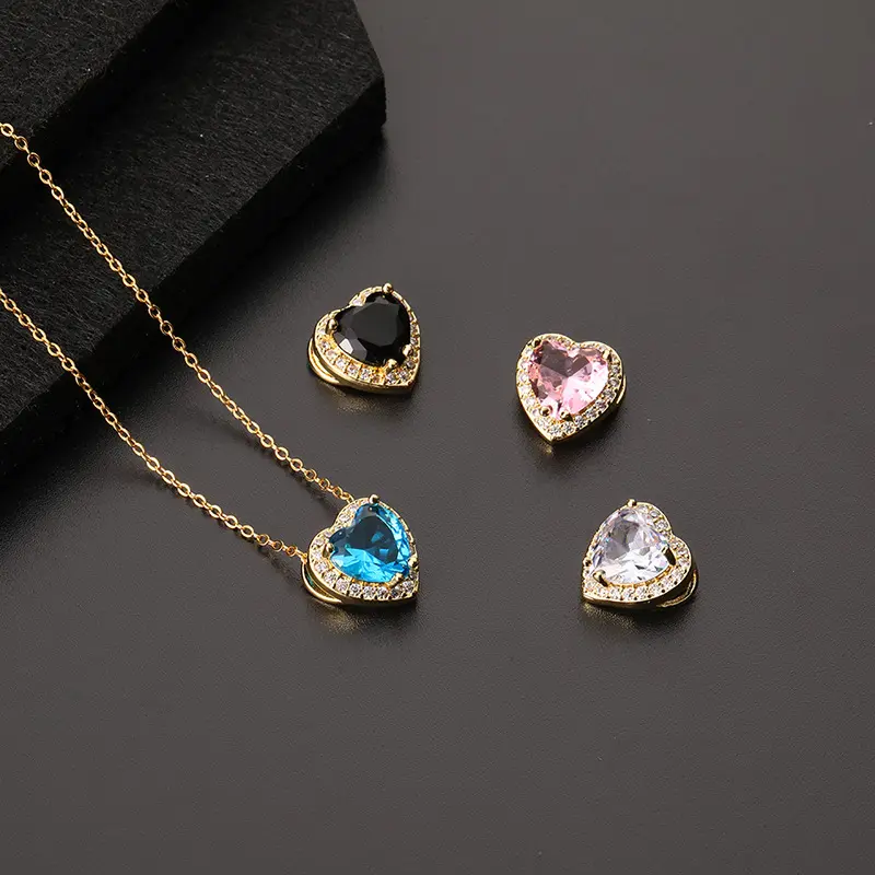 Gold Plated Stainless Steel Non Tarnish Free Waterproof Jewelry Pink White Diamond Crystal Heart Shaped Pendant Necklace