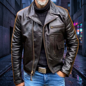 Fashionable Genuine Leather Canvas <b>Racer</b> <b>Jacket</b> Waterproof Breathable Windproof Durable Mandarin Collar Zipper Closure Unisex - Product Image 1