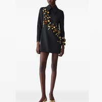 Robe courte en mousseline de soie pour femme, personnalisable, à manches longues, motif uni et col rabattu, pour les occasions formelles