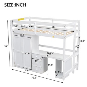 Lit pour enfants Loft avec armoire, bureau et tiroirs de rangement-Taille jumelle, meubles de chambre d'enfant peu encombrants - Product Image 6