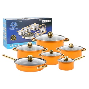 Juego de utensilios de cocina de diseño clásico de acero inoxidable de 12 piezas tapas de vidrio <span class=keywords><strong>estufa</strong></span> de <span class=keywords><strong>Gas</strong></span> Compatible incluye olla de leche olla de sopa sartén de Metal - Product Image 1