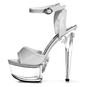 Zapatos Blancos de Tacón Alto de 15 cm <span class=keywords><strong>con</strong></span> Plataforma Transparente de Cristal para Pole Dance y Strip Dance, Sandalias de Verano <span class=keywords><strong>con</strong></span> Hebilla y Punta Abierta, Tallas Grandes - Product Image 1