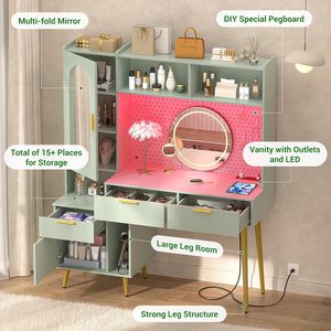 48-inch <b>vanity</b> cabinet with charging station, LED modern bedroom dressing <b>table</b>, pegboard, 5-drawer shelf, cabinet - Product Image 3