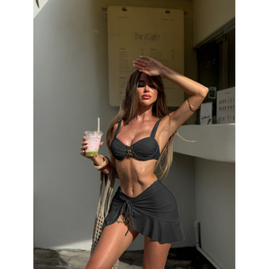 Nuovo Bikini Sexy 2026 in Tinta Unita, Costume da Bagno in Nylon con Gonna Corta per <span class=keywords><strong>Spiaggia</strong></span> - Product Image 3