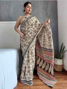 Saree/Sari en lin fantaisie exclusif de qualité supérieure imprimé par un designer moderne de Bollywood pour la fête style boutique indienne - Product Image 2