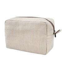 Sac cosmétique personnalisé en seersucker, sac de toilette portable de voyage, sac à maquillage rayé pour femmes