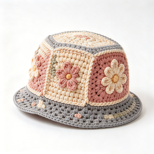 Sombrero de Pescador Tejido a Mano con Parches Florales, de Hilo de Algodón, para Primavera, Verano, Playa y Viajes - Product Image 3