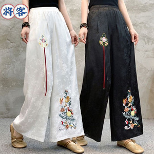 [] Chinese Ethnic Style Wide-Leg Pants Women Black And White Artistic Embroidery Casual Loose Fit - Product Image 1