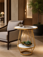 Table basse ronde moderne en pierre frittée, portable, avec cadre en fer géométrique couleur or champagne et étagère de rangement inférieure, directement de l'usine