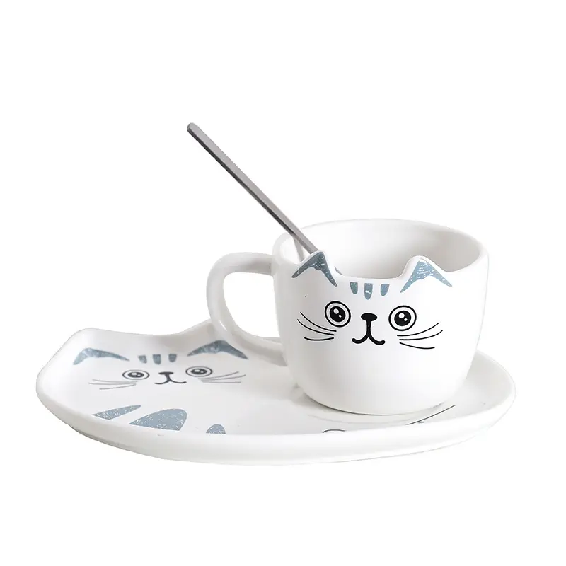 Feiyou-Tasse en porcelaine de chat de dessin animé mignon, vente en gros, visage souriant, ensemble de tasses et soucoupes en céramique, vente chaude