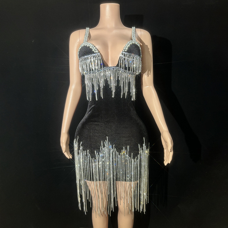 Tassel Suspender Black Dress Banquet Dinner Bar Nightclub Disco Company Annual Meeting Signing Ceremony Rhinestone Dress