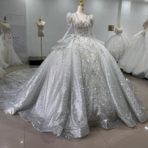 فستان زفاف رائع برقبة على شكل V ، فساتين زفاف ، دانتيل مزين بالترتر مع الخرز للنساء ، فستان كرة XS103 بأكمام طويلة لأم العروس - Product Image 5