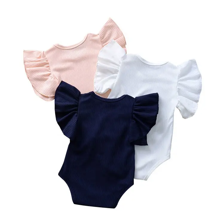 Summer Wholesale Cheap Ribbed Cotton Baby Clothes Best Selling Infant Romper Bodysuit for Baby Girls with Ruffle Sleeves