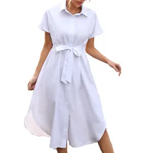Custom Manufactures Elegant Summer Dress Women Shirt Skirt Solid Color Short Sleeves Polo Neck Mid-skirt In Stock With Bow Belt