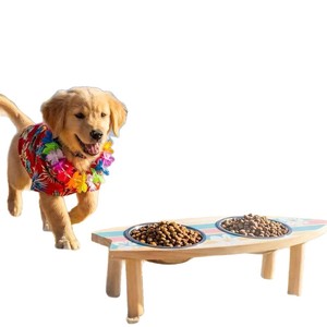 Wooden Surfboard Pet Feeding Stand Elevated Dual Bowl <b>Cat</b> Dog <b>Feeder</b> Oval Shape - Product Image 1