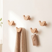 Crochets muraux en bois en forme d'oiseau, sans perçage, en hêtre, pour manteaux, décoratifs, adhésifs, porte-clés et serviettes, crochets muraux auto-adhésifs