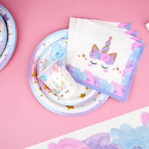 Platos desechables para fiesta de cumpleaños con tema de unicornio púrpura, vasos de papel, toallas de papel, manteles, otra decoración de fiesta - Product Image 4