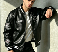 Blouson d'hiver unisexe en cuir véritable, style universitaire, personnalisé avec broderie, col montant