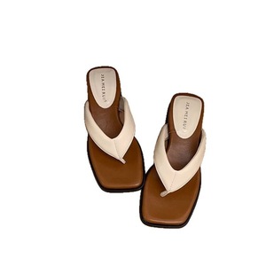 Cream Color Heeled Sandals Square Toe Genuine Leather Block Heel Summer Slides Women's <b>Shoes</b> - Product Image 2