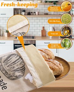 Bolsa de tela reutilizable con logotipo personalizado para almacenamiento de alimentos, con cierre de cera de abejas, de algodón y lino orgánico, para pan de masa madre - Product Image 2