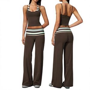 Conjunto Deportivo de 2 Piezas para Mujer, Pantalones Anchos a Rayas con Cintura Elástica, Top sin Tirantes, Poliéster Transpirable, Corte Regular, Primavera/Verano - Product Image 1