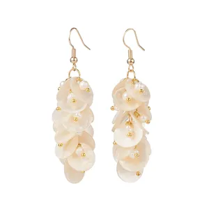 PandaHall Flat Round Golden Natural Pearl Beads Natural Capiz Shell Cluster Earrings