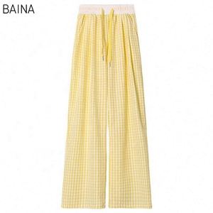 Pantalon droit décontracté d'été pour femme, à motif écossais texturé, taille mi-haute, coupe ample et fluide, style large et décontracté, effet dopamine - Product Image 1