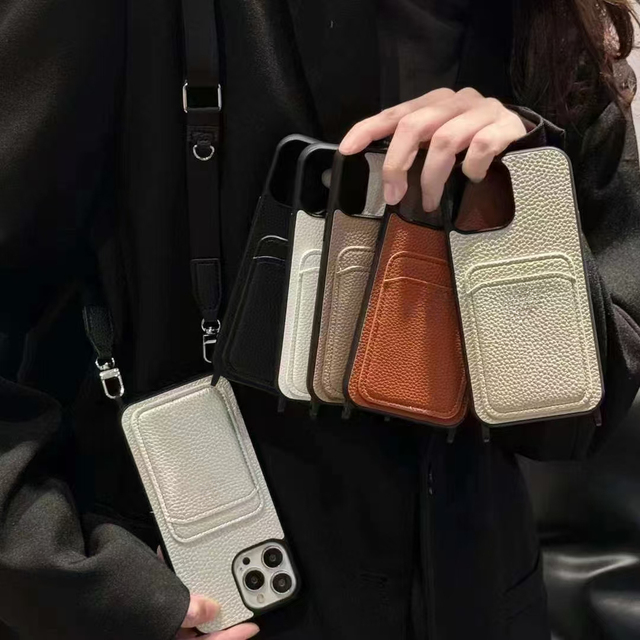 New Custom Design for Iphone Mobile Cell Phone Cover Card Holder Full Grain Luxury Pu Leather Lanyard Phone Case
