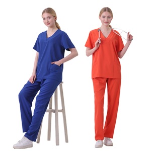Women Scrub Suit Set Short Sleeve V <b>Neck</b> Work Uniform For Medical Spa Pet Hospital Wear Split Design Non Stretch Fabric - Product Image 1
