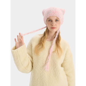 Frauen niedlichen Katzen ohr Strick mütze Winter weiches Garn quadratisches Gesicht abnehmen kalte Kappe bunte Punkt Krawatte stilvolle Bild Stoff - Product Image 4