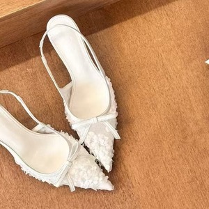 Sandales à talons hauts QuiteS en maille florale avec nœud fin, ajourées à l'arrière, style français, pour femmes - Product Image 3