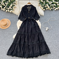 Robes élégantes LW1300 Vintage Hollow-Out Lace Panel Waist-Cinched Long Dress Avec Manches Courtes Col Cranté Robe Femme