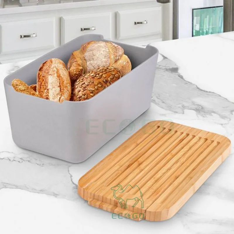 キッチン用のスタイリッシュなデザインのまな板パン収納ビン付き竹木製パンボックス