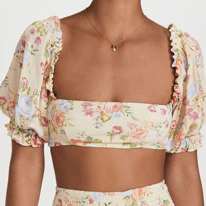 Top Corto Estivo Casual <span class=keywords><strong>in</strong></span> Crepe Tessuto OEM, Blusa Personalizzata da <span class=keywords><strong>Donna</strong></span> con Stampa Floreale, Maniche Raglan <span class=keywords><strong>in</strong></span> <span class=keywords><strong>Viscosa</strong></span> e Collo Quadrato - Product Image 4