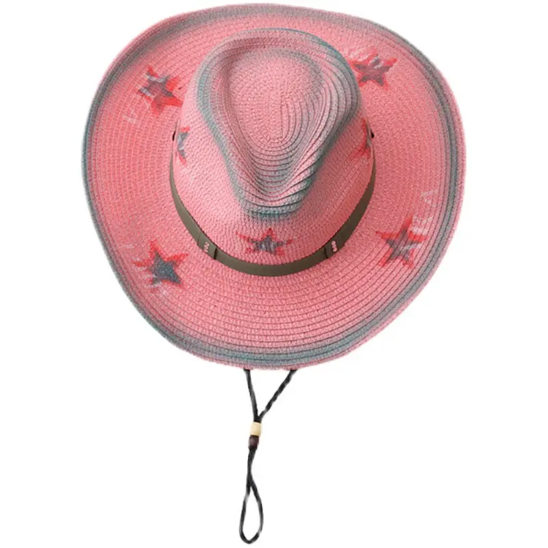 Wholesale Fashion Pink cowboy Straw Hats Women Jazz Hats with String Rhinestone Star